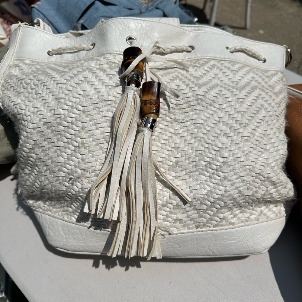 Big Buddha White Shoulder Bag with Woven Texture and Tassel